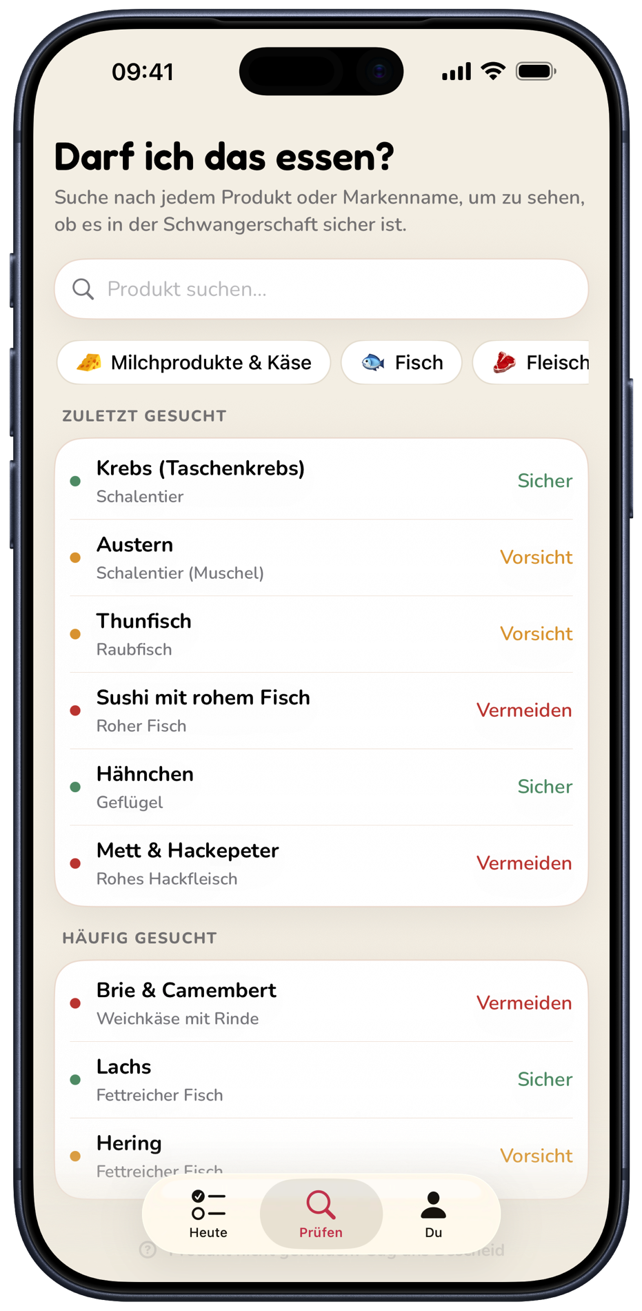 Bloei-Lebensmittelsuche mit den Bewertungen sicher, Vorsicht und vermeiden