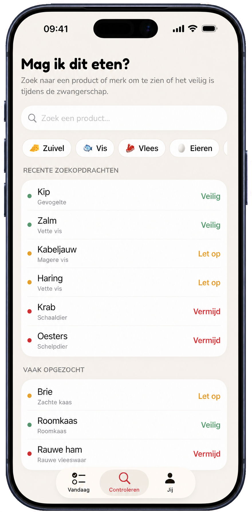 De voedingscheck van Bloei met de adviezen veilig, pas op en vermijden