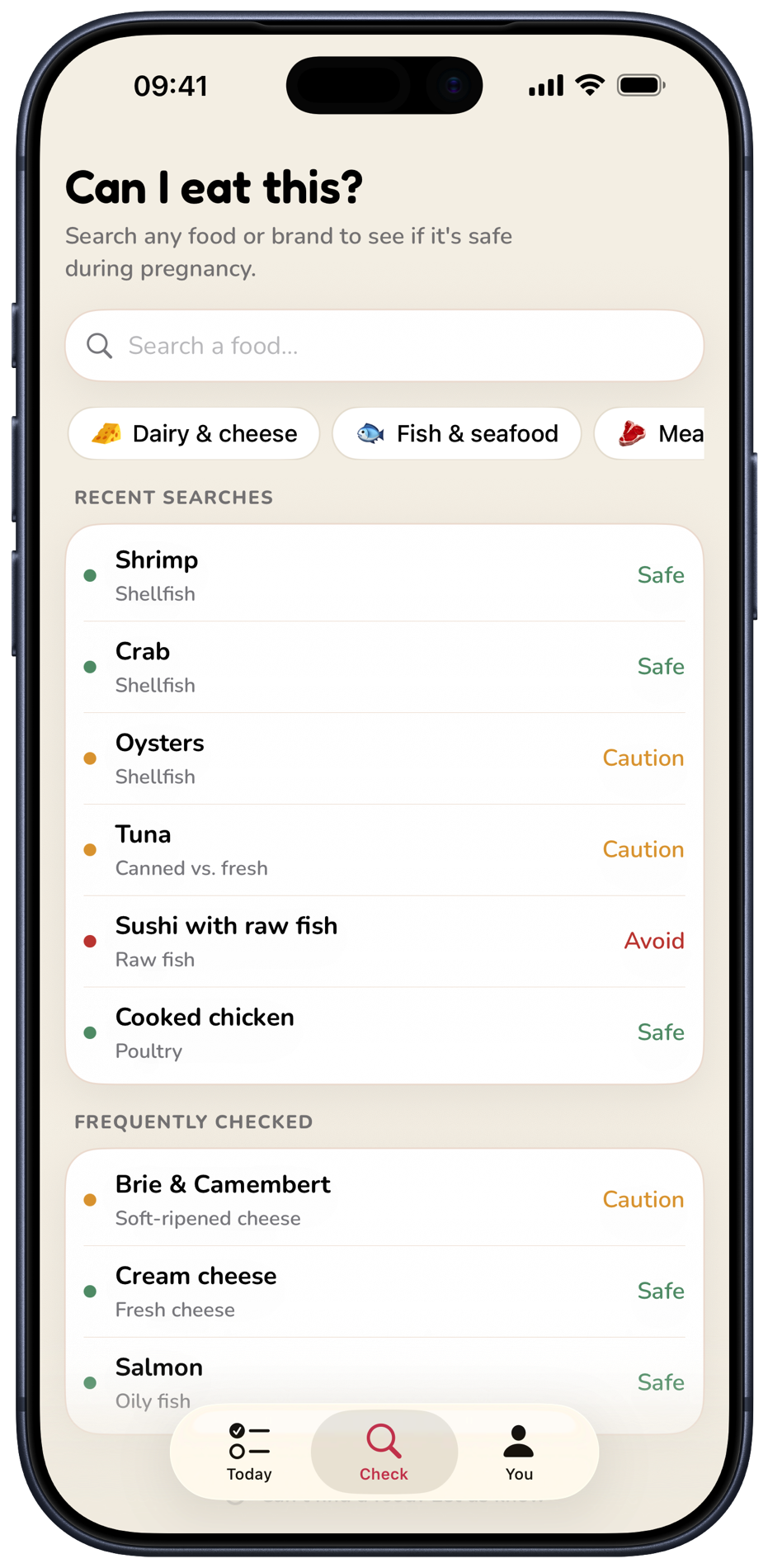 Bloei food lookup showing safe, caution and avoid verdicts