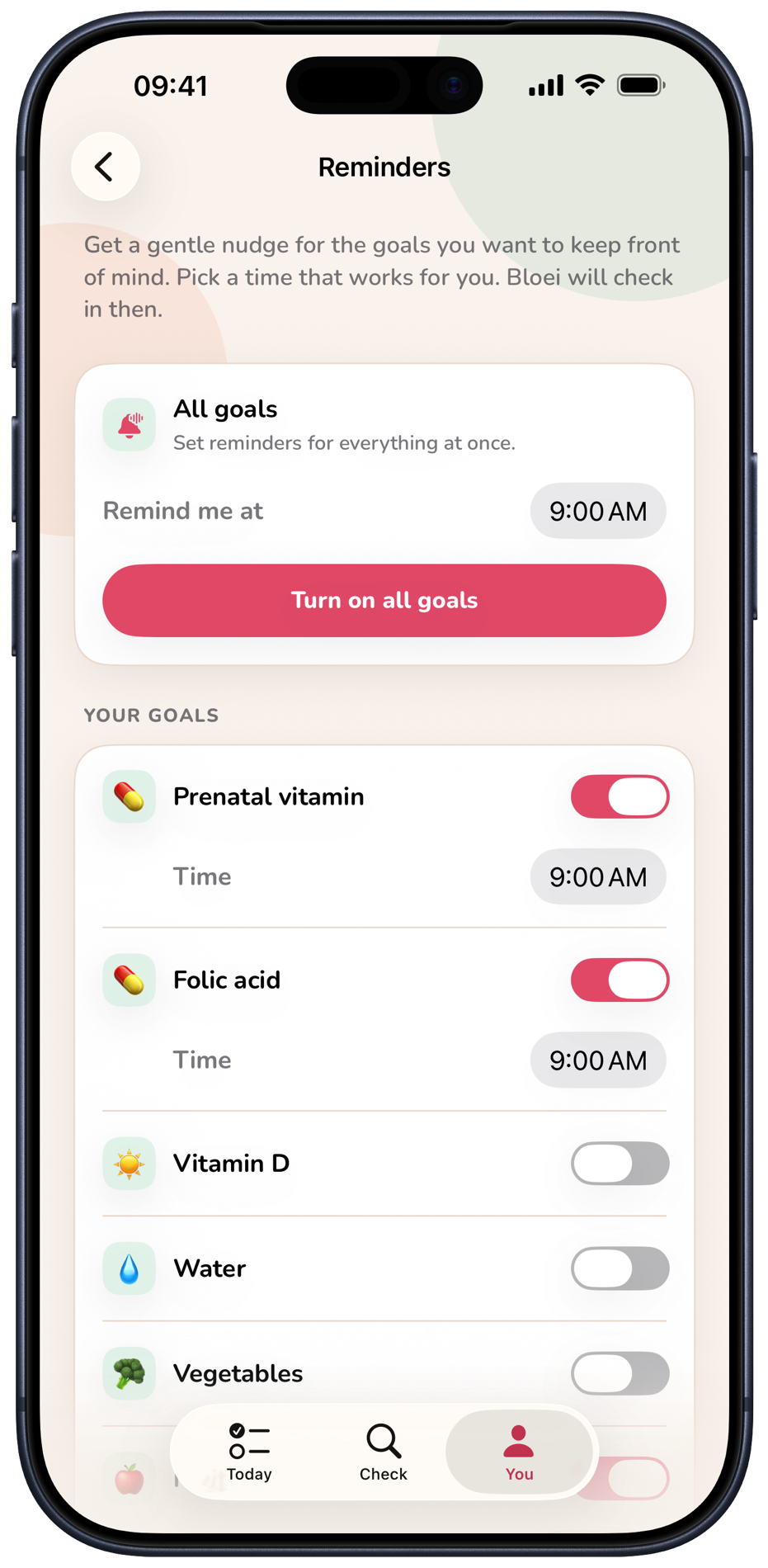 Bloei reminder settings