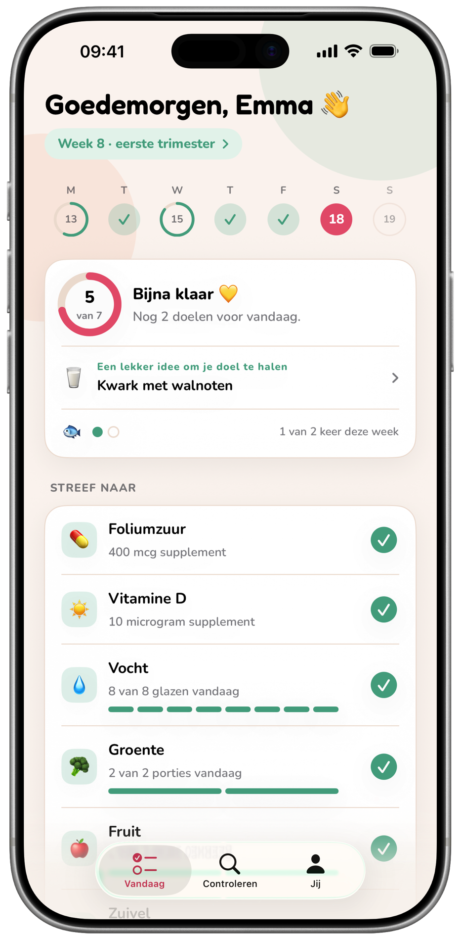 Het Vandaag-scherm van Bloei met een persoonlijk voedingsplan voor week 8