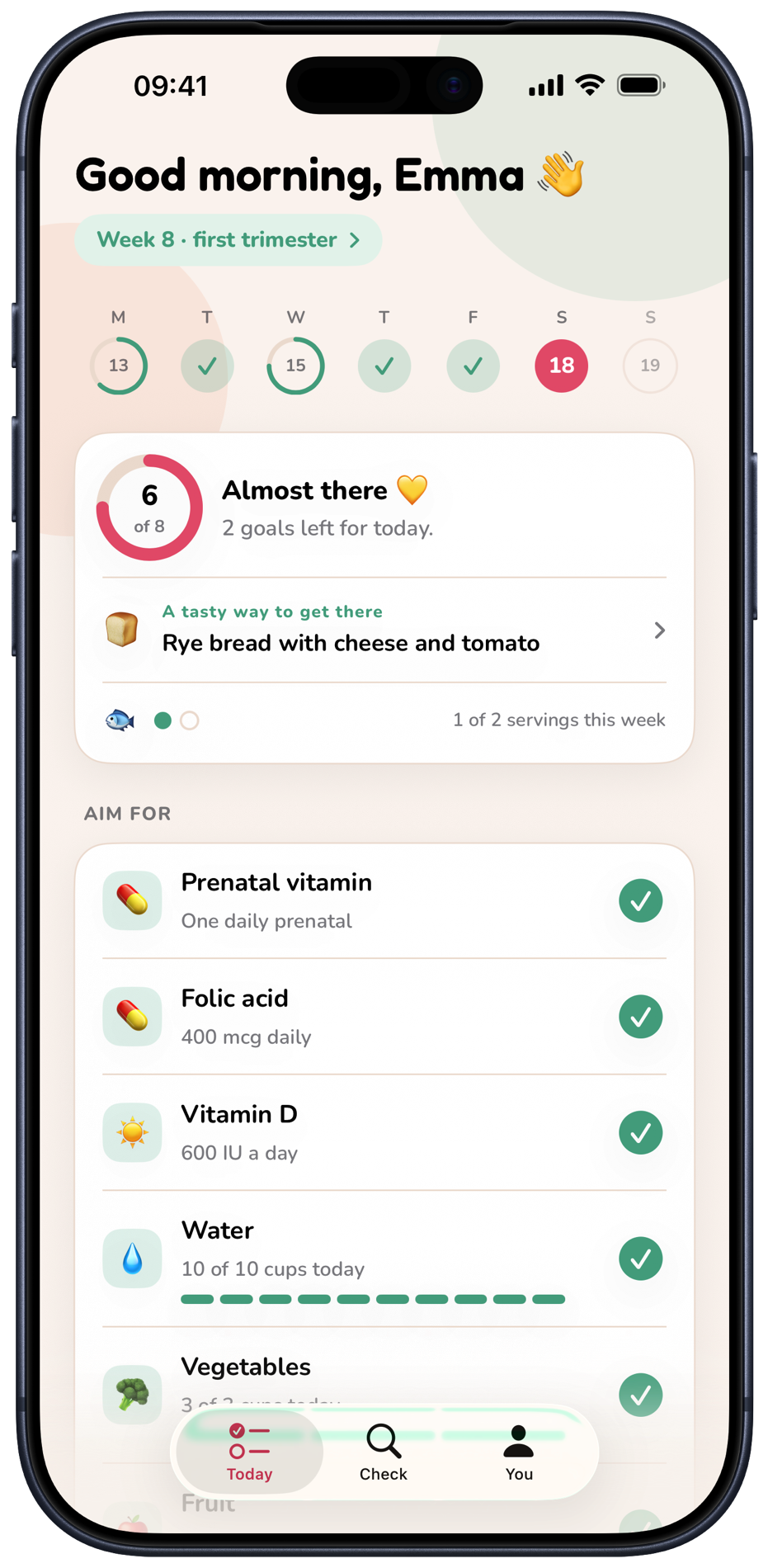 Bloei Today screen showing a personal week 8 nutrition plan